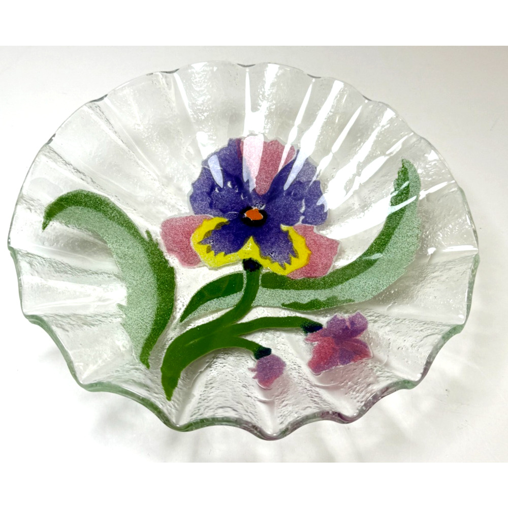 Sydenstricker 8" Fused Art Glass Ruffled Bowl Trinket Dish Signed Purple Pansy - Picture 2 of 3